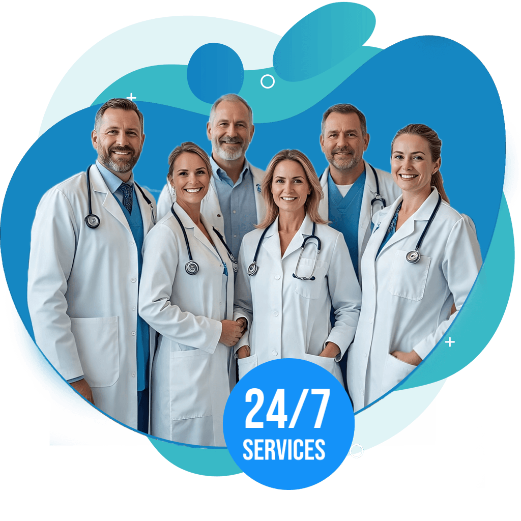 A team of six MyOnlineGP doctors in white coats, available for 24/7 consultations